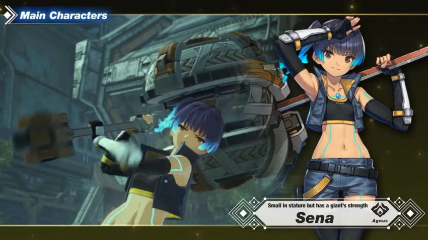 two images of Sena from Xenoblade Chronicles 3, one showing her in action heaving an enormous hammer, and a second of her posed with the hammer over one shoulder and one arm raised in greeting. Sena has light skin and blue hair with bangs and a side ponytail which turns into blue fire at the end. She wears a cropped black top with a cropped blue vest over it and short blue shorts with a black weapon belt. She also has black and silver arm bands/guards and her body has blue lines down the right and left sides connecting to a blue gem in the center of her chest.